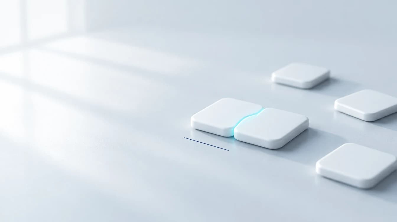 Five matte white tiles on a pale studio surface. Two interlock along a curved seam lit in cyan; the other three sit apart.