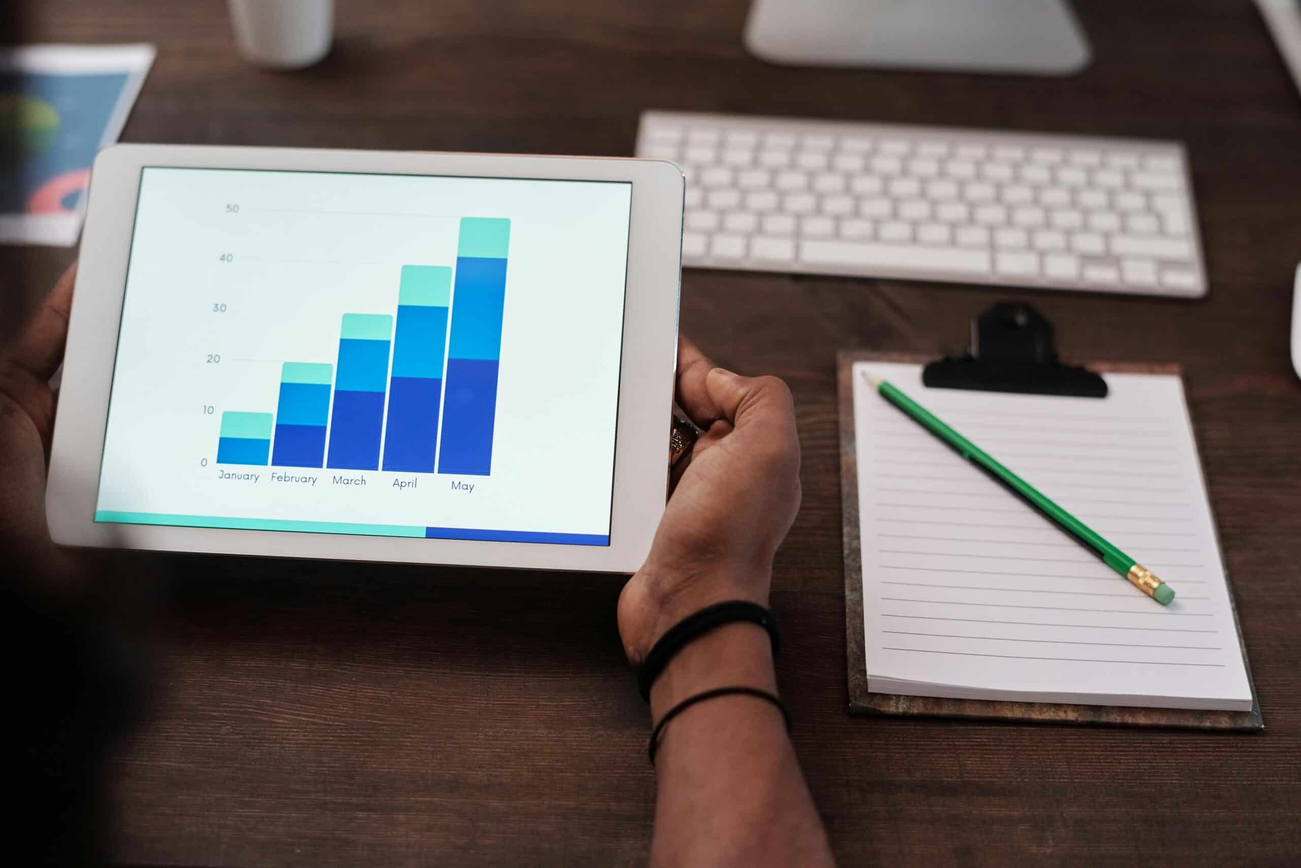 Hands holding a tablet displaying an upward-trending monthly bar chart at a desk
