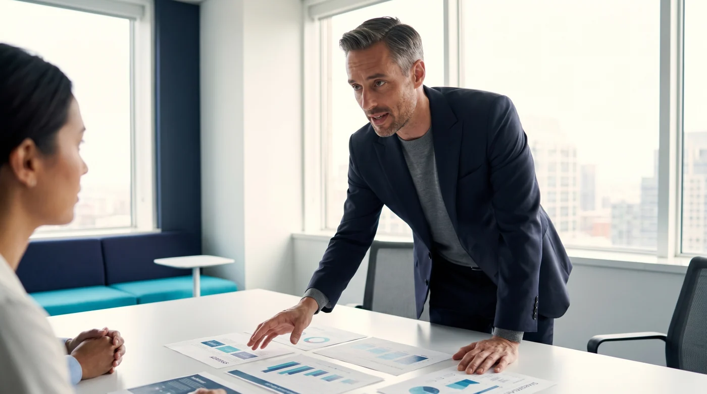 A senior Koho advisor walking a client through contract strategy at a table.